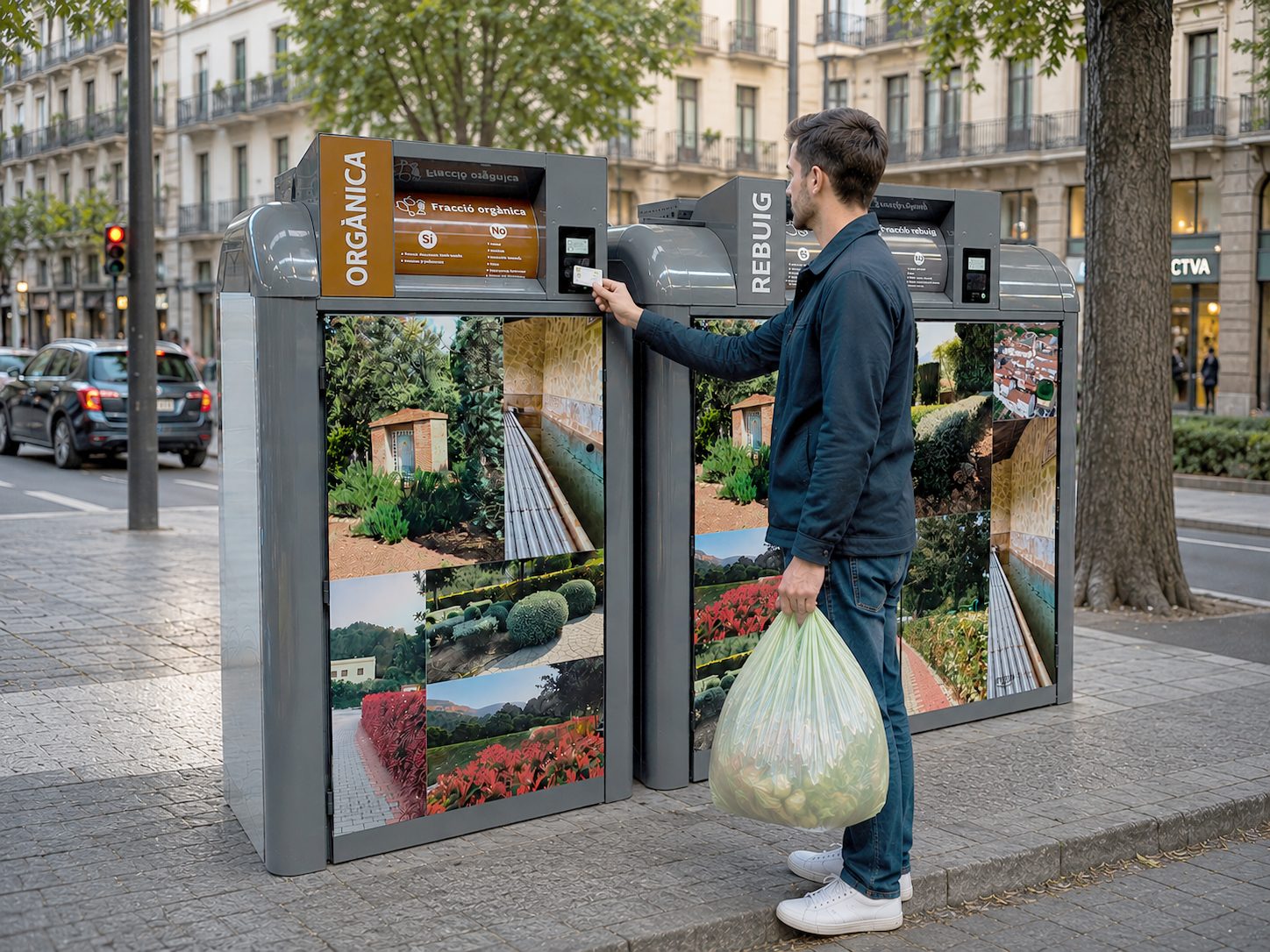  Contenedor inteligente Maya SWS en uso, identificación por tarjeta RFID en calle
                            urbana